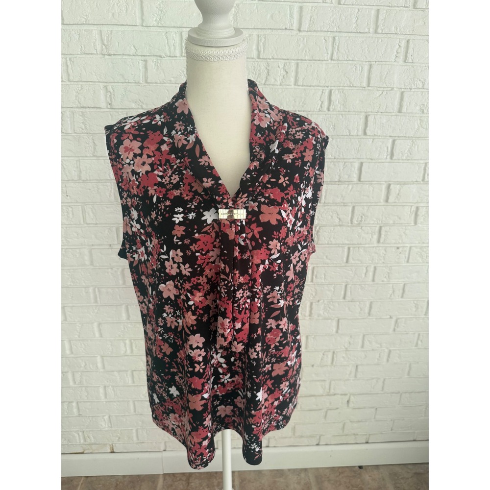 Adrienne Vittadini Blouse Womens XL Pink Black Floral Excellent Sleeveless Shell